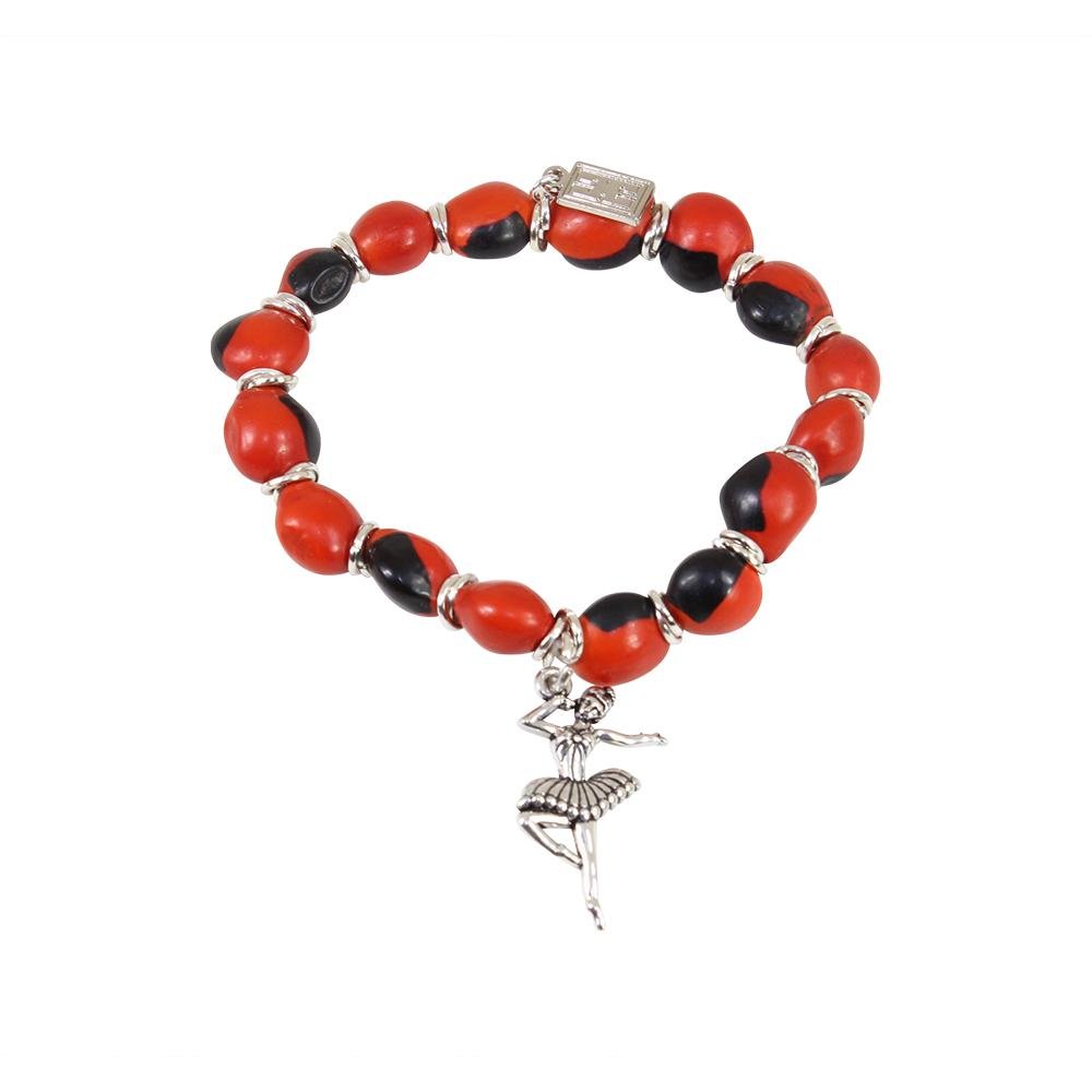 Ballerina Dance Charm Stretchy Bracelet w/Meaningful Good Luck, Prosperity, Love Huayruro Seeds - EvelynBrooksDesigns