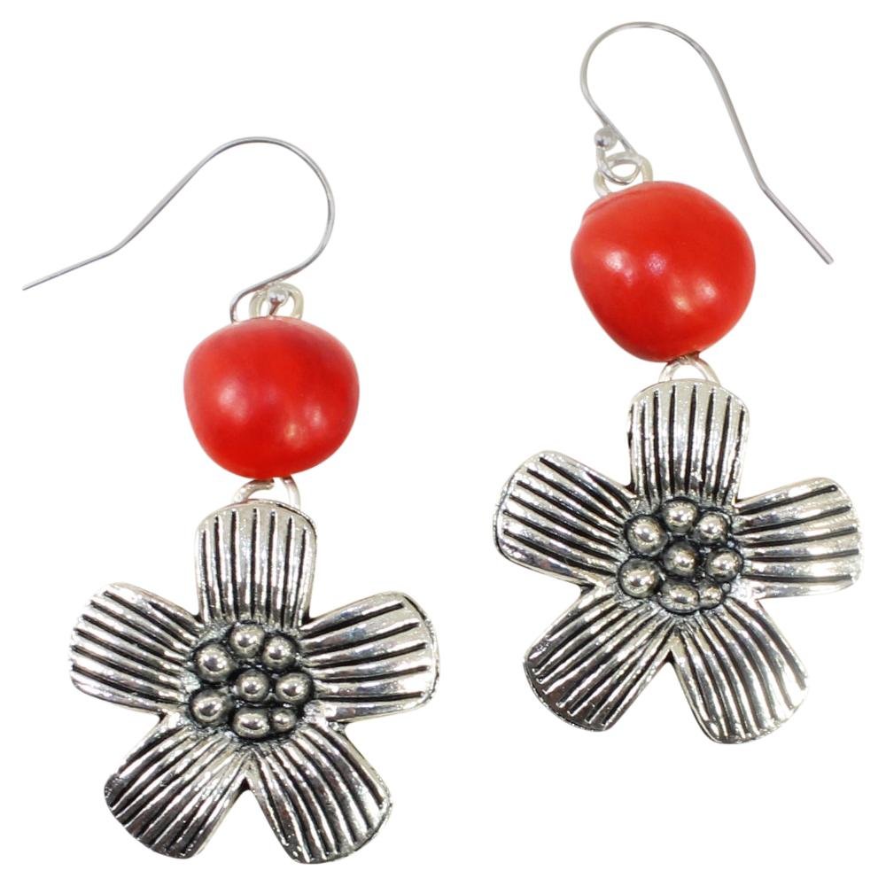 Beautiful Plum Blossom Dangle Silver Earrings w/Meaningful Good Luck Huayruro Seeds - EvelynBrooksDesigns