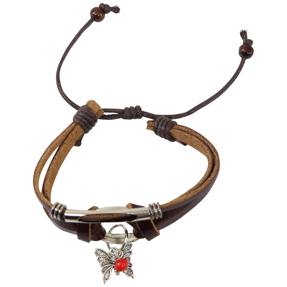 Butterfly Charm Adjustable Leather Bracelet for Women w/Huayruro Seed - EvelynBrooksDesigns