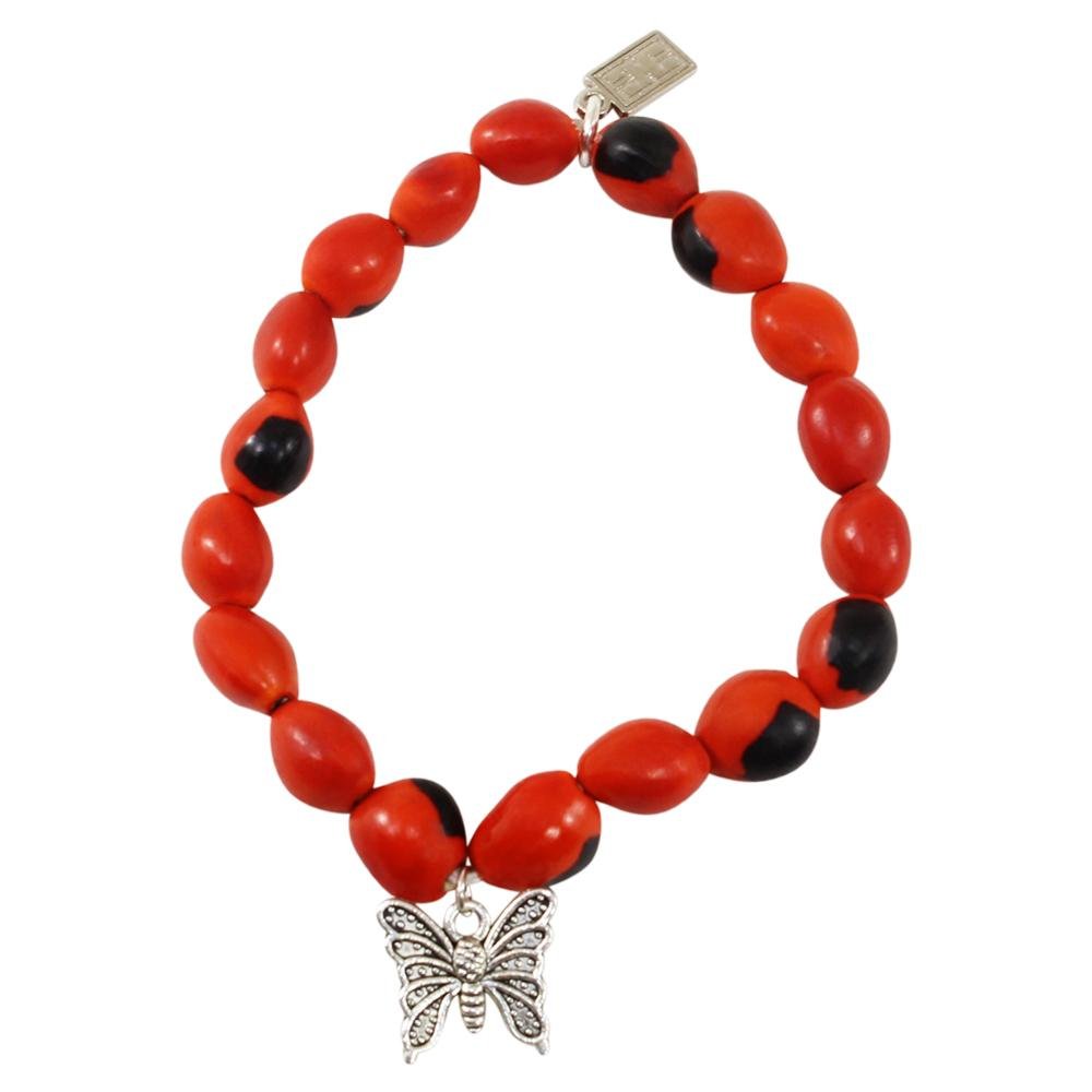 Butterfly Charm Stretchy Bracelet w/Meaningful Good Luck, Prosperity, Love Huayruro Seeds - EvelynBrooksDesigns