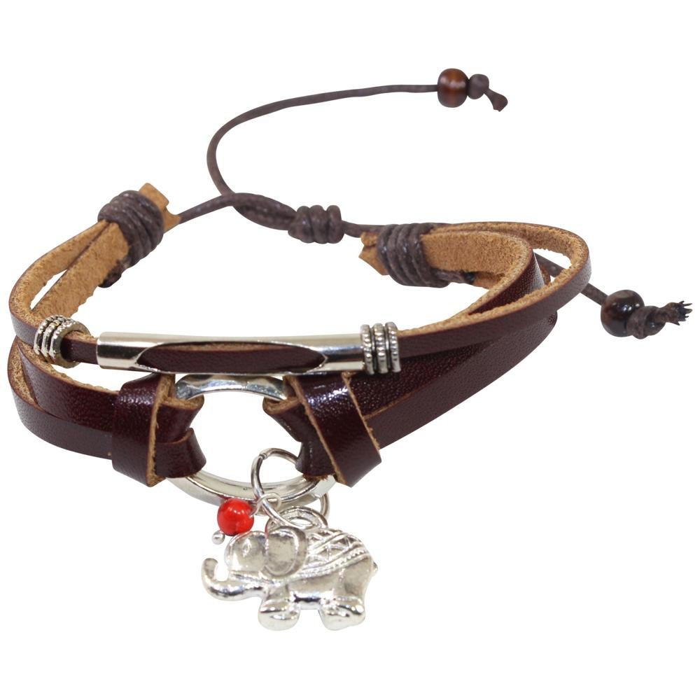 Elephant Charm Adjustable Leather Bracelet for Women w/Huayruro Seed - EvelynBrooksDesigns