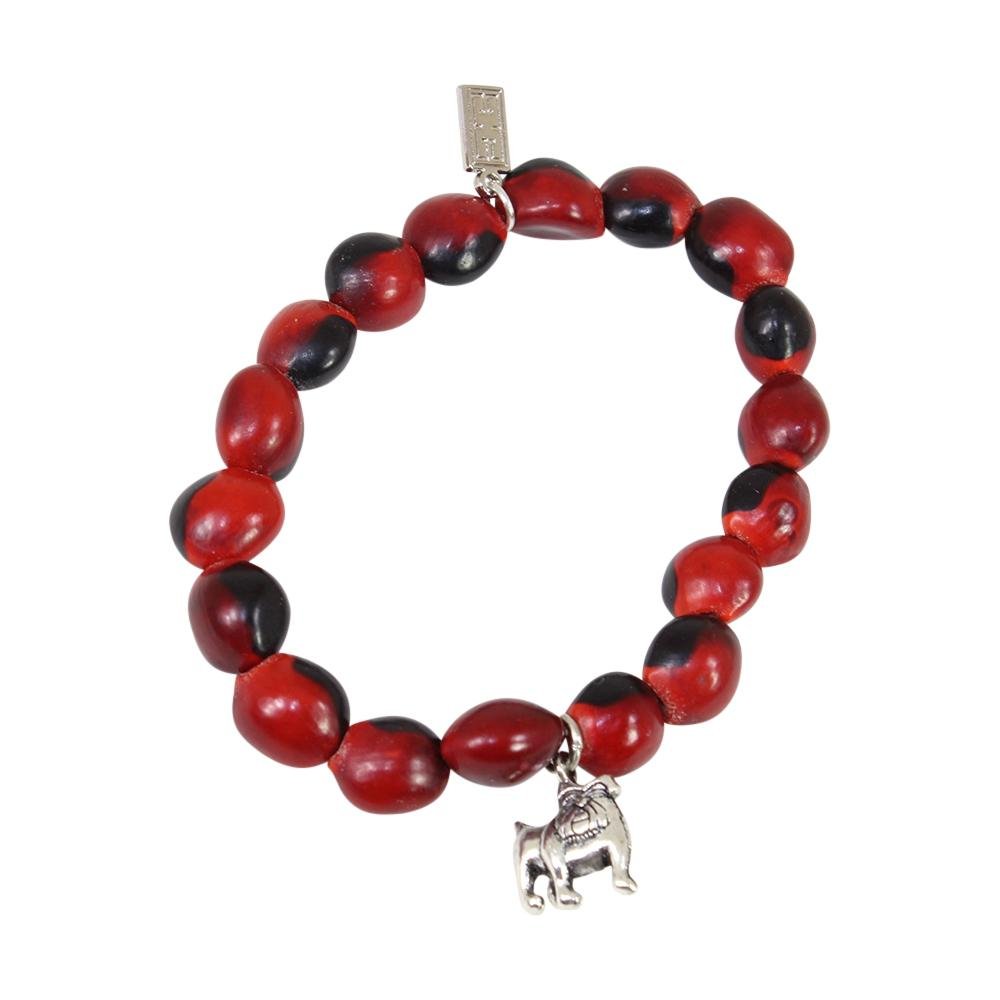 English Bulldog Charm Stretchy Bracelet w/Meaningful Good Luck, Prosperity, Love Huayruro Seeds - EvelynBrooksDesigns