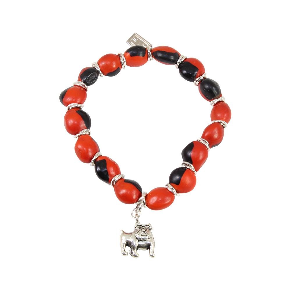 English Bulldog Charm Stretchy Bracelet w/Meaningful Good Luck, Prosperity, Love Huayruro Seeds - EvelynBrooksDesigns
