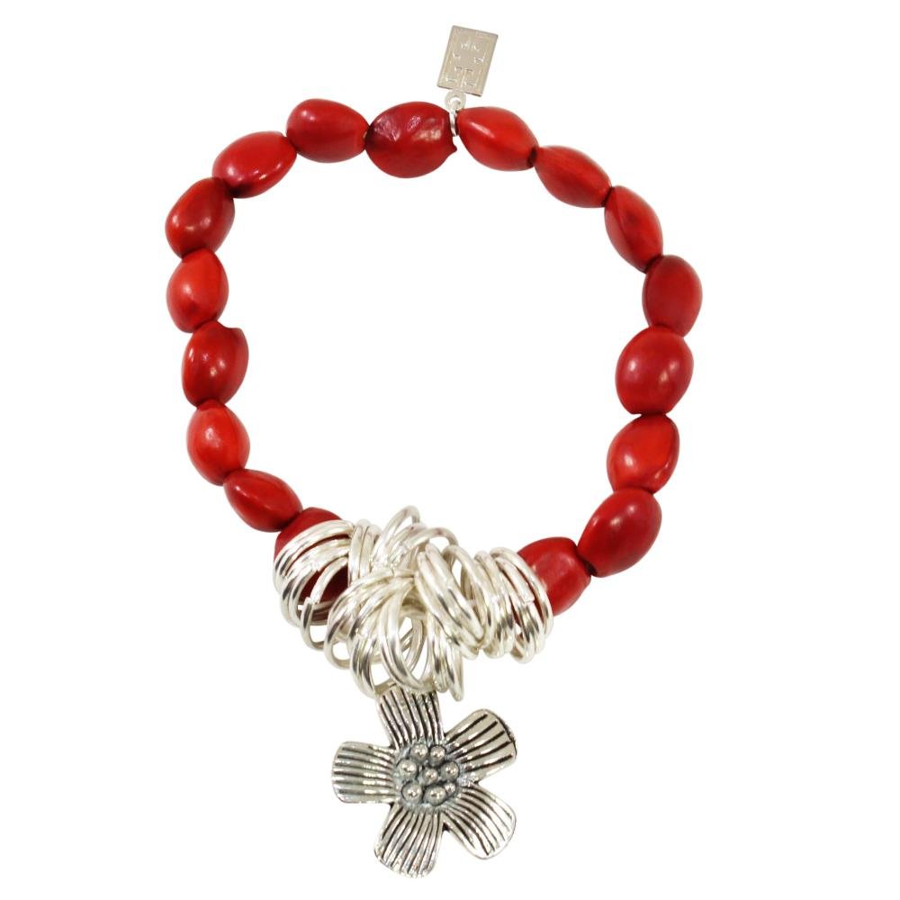 Flower Charm Stretchy Bracelet w/Meaningful Good Luck, Prosperity, Love Huayruro Seeds - EvelynBrooksDesigns
