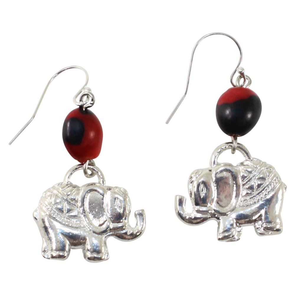 Good Fortune Elephant Dangle Silver Earrings w/Meaningful Good Luck Huayruro Seeds - EvelynBrooksDesigns