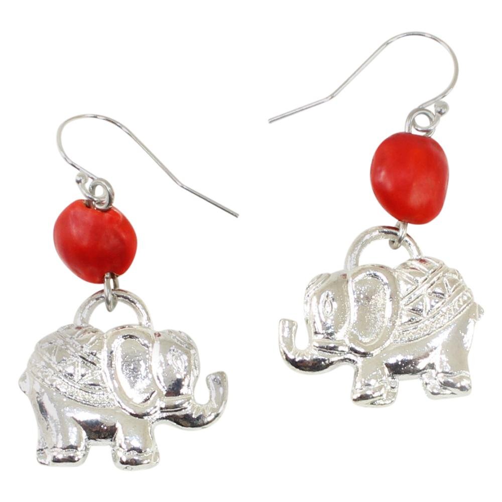 Good Fortune Elephant Dangle Silver Earrings w/Meaningful Good Luck Huayruro Seeds - EvelynBrooksDesigns