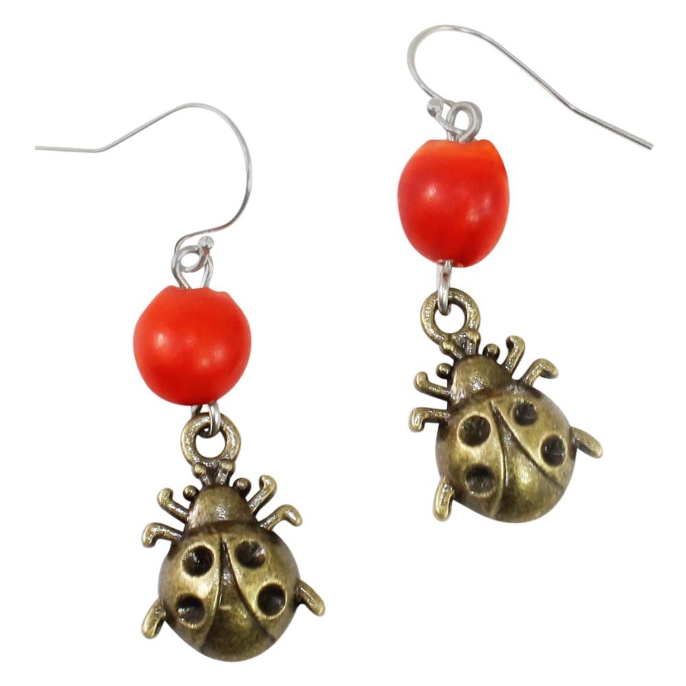 Good Fortune Ladybug Dangle Silver Earrings w/Meaningful Good Luck Huayruro Seeds - EvelynBrooksDesigns