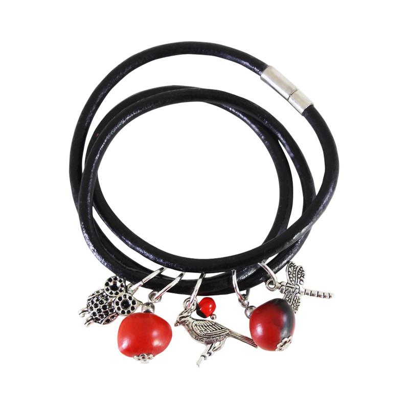 Good Luck Multi-Charm Leather Adjustable Bracelet/Necklace with Red & Black Seed Beads - EvelynBrooksDesigns