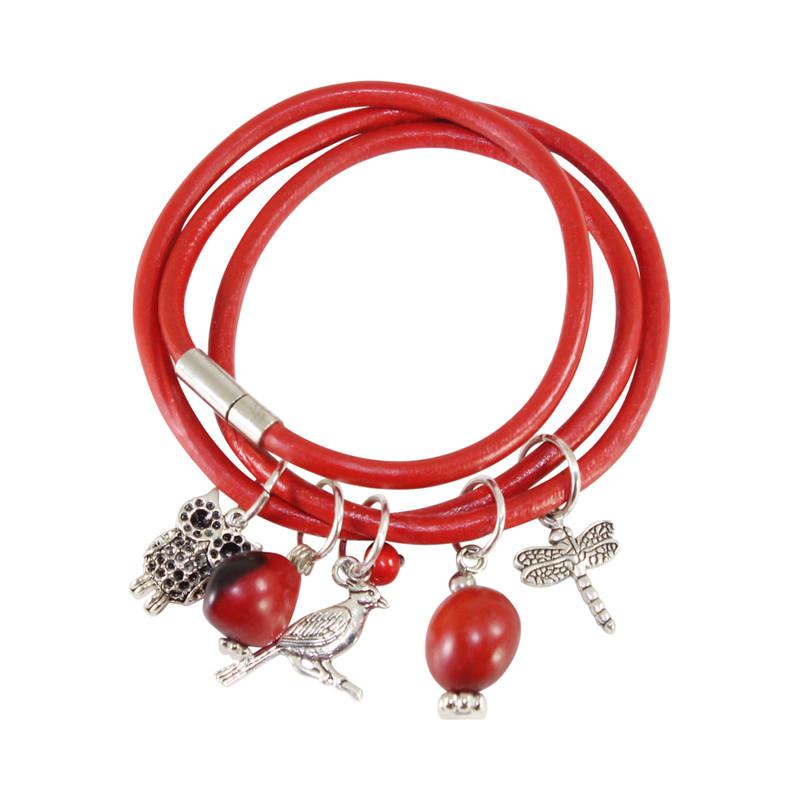 Good Luck Multi-Charm Leather Adjustable Bracelet/Necklace with Red & Black Seed Beads - EvelynBrooksDesigns