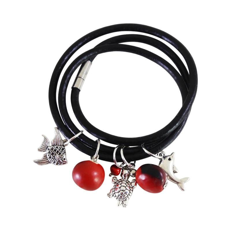 Good Luck Multi-Charm Leather Adjustable Bracelet/Necklace with Red & Black Seed Beads - EvelynBrooksDesigns