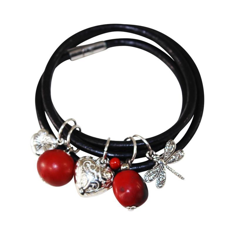 Good Luck Multi-Charm Leather Adjustable Bracelet/Necklace with Red & Black Seed Beads - EvelynBrooksDesigns