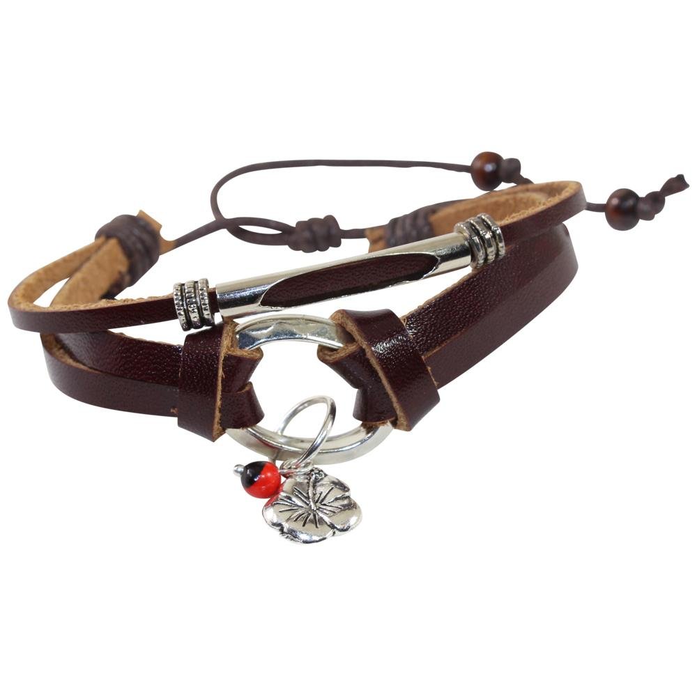 Hibiscus Charm Adjustable Leather Bracelet for Women w/Huayruro Seed - EvelynBrooksDesigns