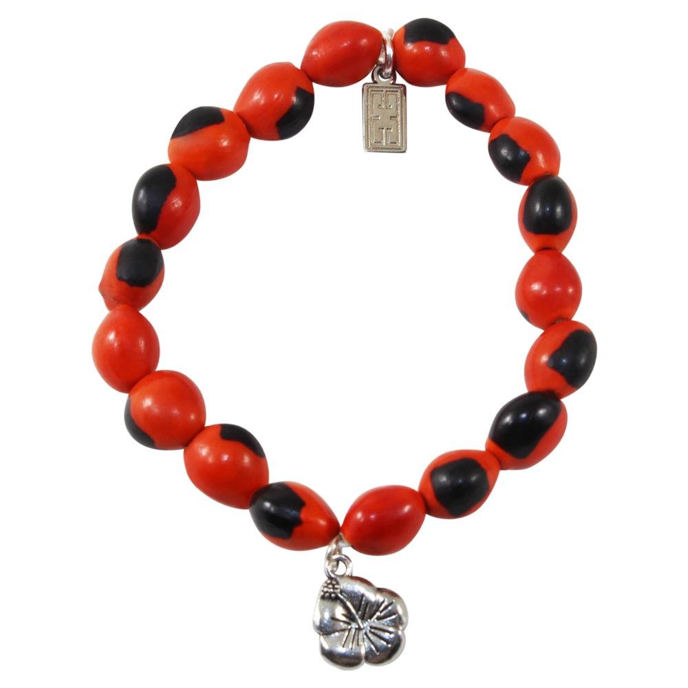Hibiscus Charm Stretchy Bracelet w/Meaningful Good Luck, Prosperity, Love Huayruro Seeds - EvelynBrooksDesigns