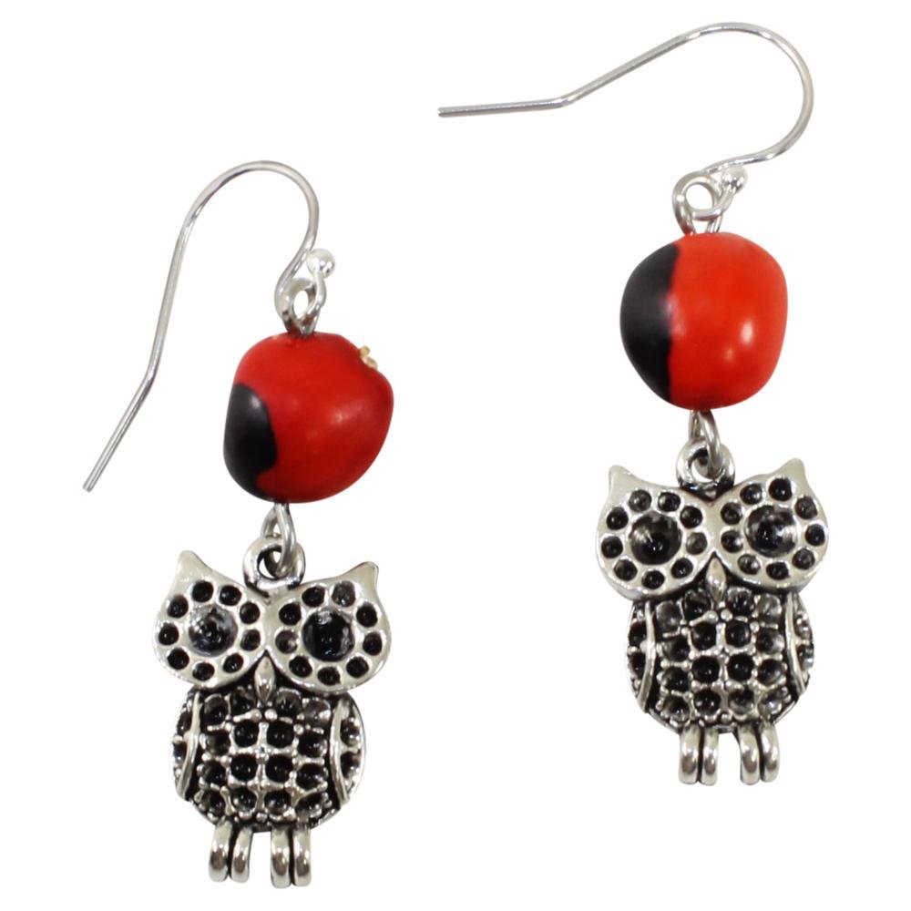 Intuitive Owl Dangle Silver Earrings w/Meaningful Good Luck Huayruro Seeds - EvelynBrooksDesigns