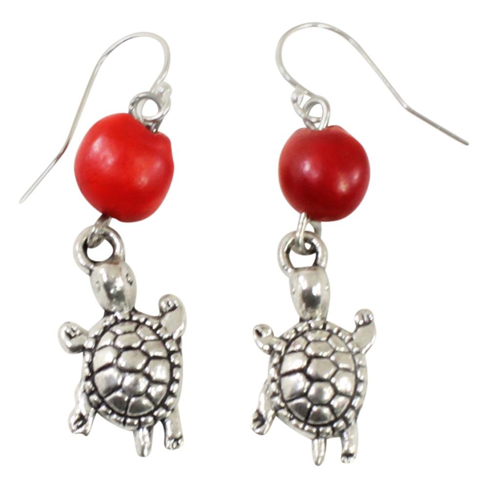 Lasting Memories Turtle Dangle Silver Earrings w/Meaningful Good Luck Huayruro Seeds - EvelynBrooksDesigns