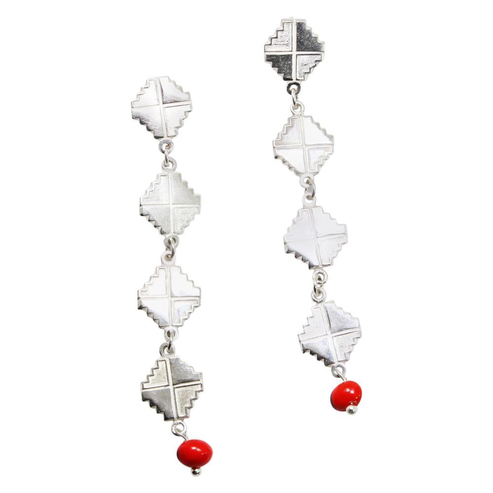 Peruvian Inspired Jewelry Design Inka Cross “Chakana” Long Drop Dangle Earrings 2.2" - EvelynBrooksDesigns