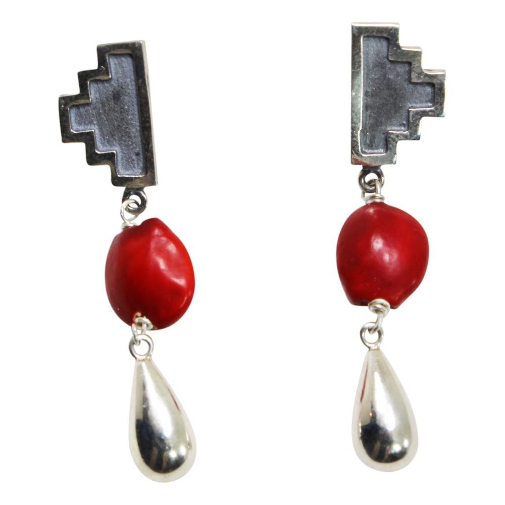 Peruvian Inspired Jewelry Design Inka Cross “Chakana” Long Drop Dangle Earrings 2.5" - EvelynBrooksDesigns