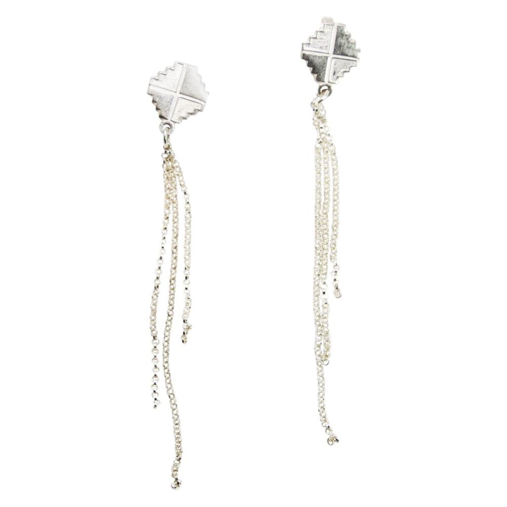 Peruvian Inspired Jewelry Design Inka Cross “Chakana” Long Drop Dangle Earrings 2.5" - EvelynBrooksDesigns