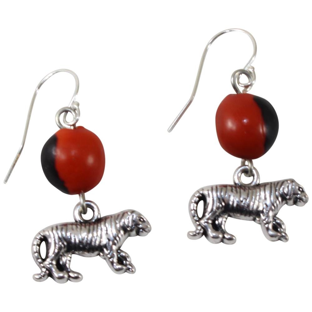 Powerful Puma/Tiger Dangle Silver Earrings w/Meaningful Good Luck Huayruro Seeds - EvelynBrooksDesigns
