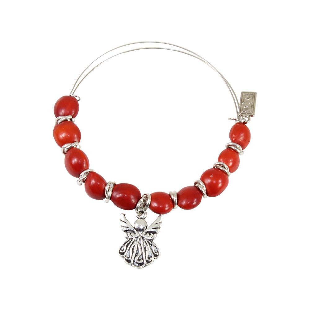 Protection Guardian Angel Charm Bangle/Bracelet for Women w/Huayruro Red Seed Beads - EvelynBrooksDesigns