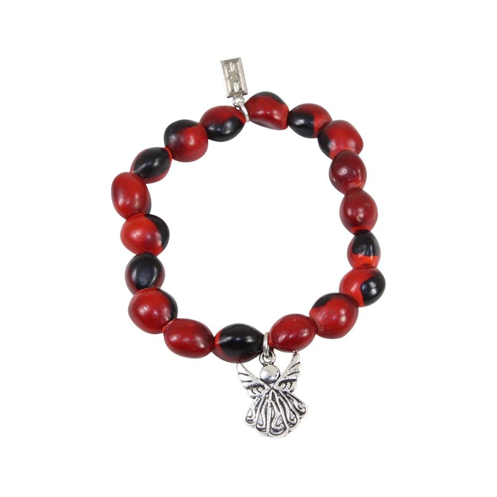 Protection Guardian Angel Charm Stretchy Bracelet w/Meaningful Good Luck Huayruro Seeds - EvelynBrooksDesigns