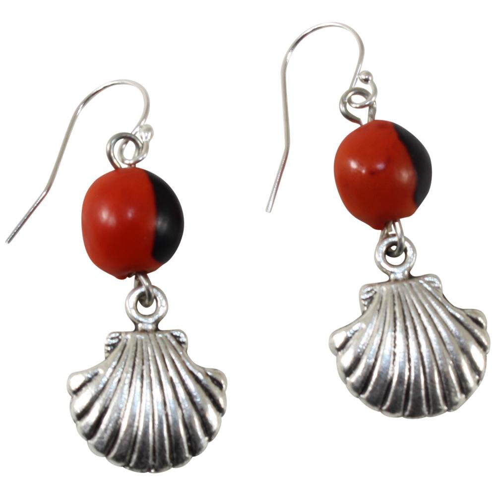 Protective Sealife Shell Dangle Silver Earrings w/Meaningful Good Luck Huayruro Seeds - EvelynBrooksDesigns
