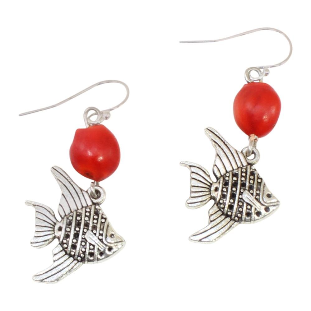 Sealife Fish Dangle Silver Earrings w/Meaningful Good Luck Huayruro Seeds - EvelynBrooksDesigns