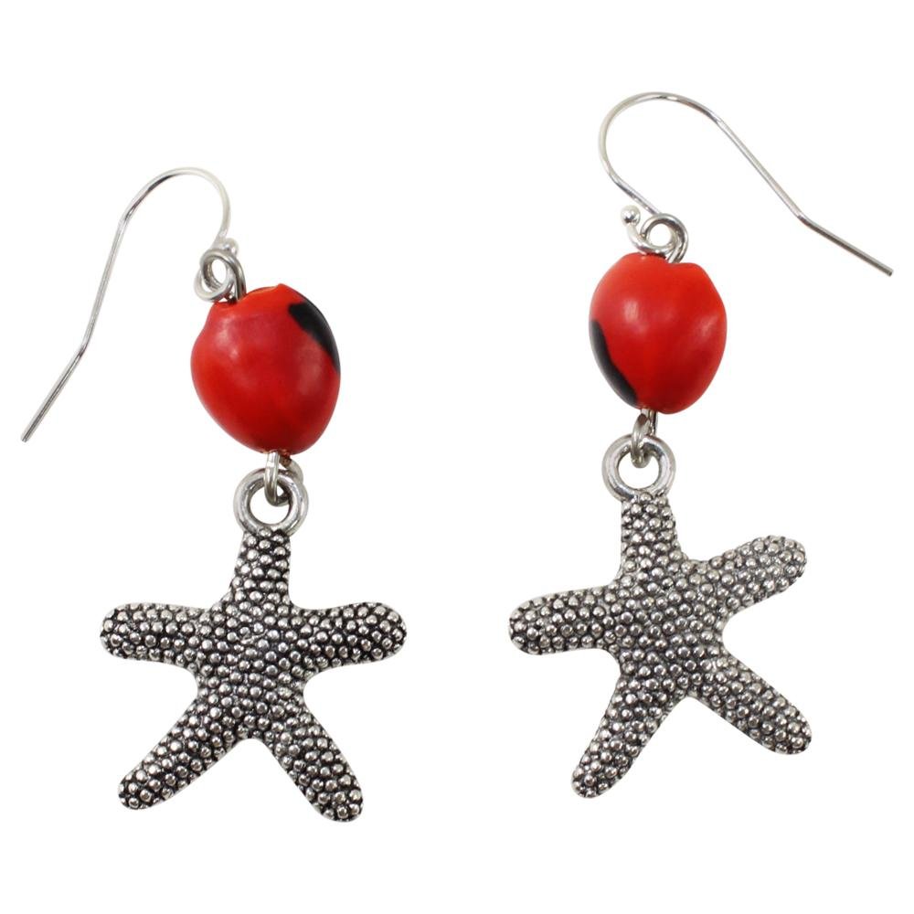 Sealife Starfish Dangle Silver Earrings w/Meaningful Good Luck Huayruro Seeds - EvelynBrooksDesigns