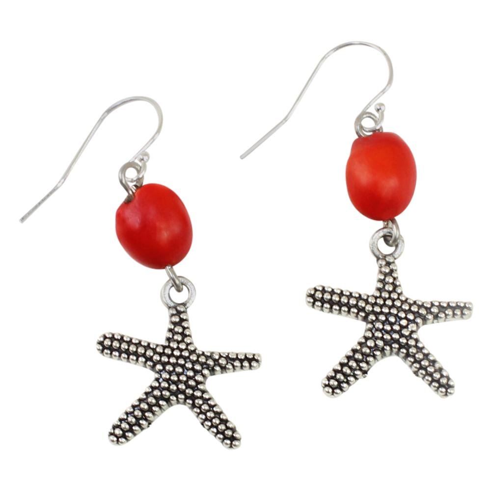 Sealife Starfish Dangle Silver Earrings w/Meaningful Good Luck Huayruro  Seeds