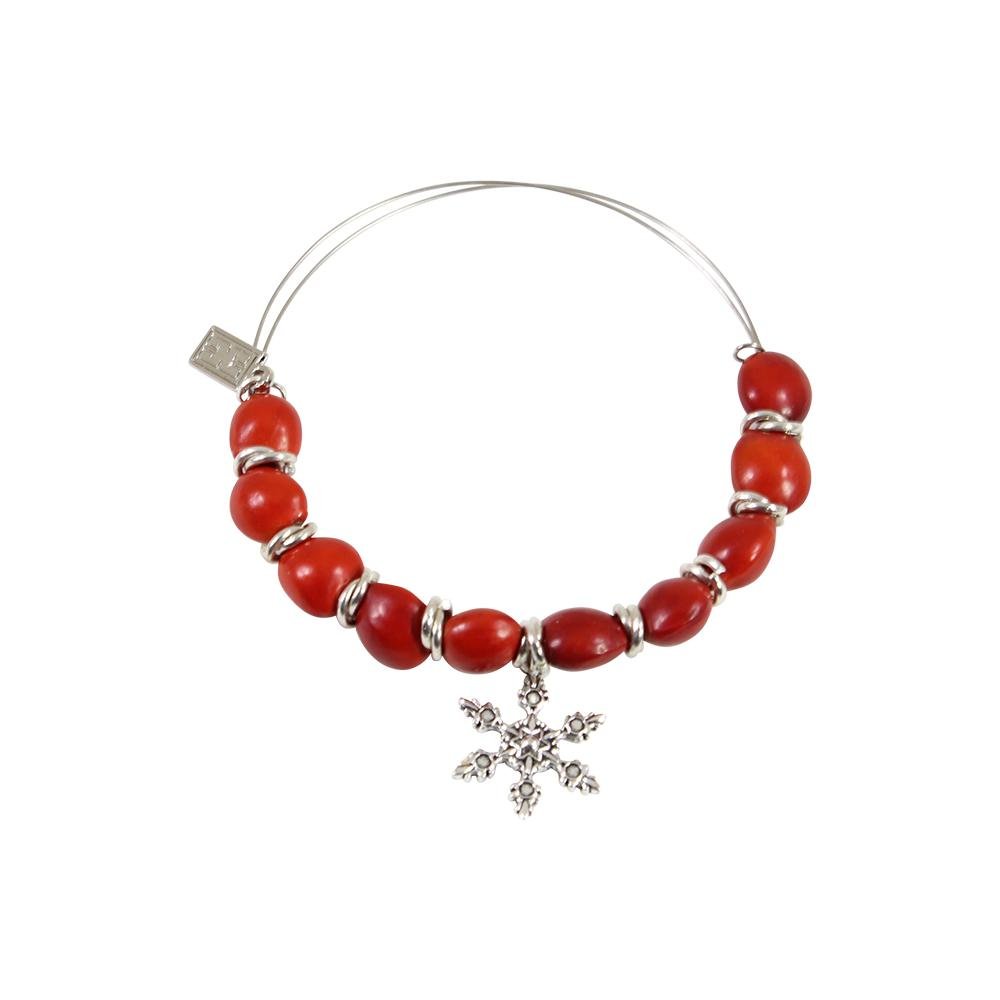 Snowflake Holiday Christmas Charm Adjustable Bangle/Bracelet for Women w/Huayruro Red Seed Beads - EvelynBrooksDesigns