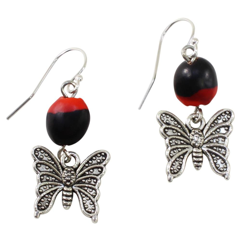 Symbol of Hope Butterfly Dangle Silver Earrings w/Meaningful Good Luck Huayruro Seeds - EvelynBrooksDesigns