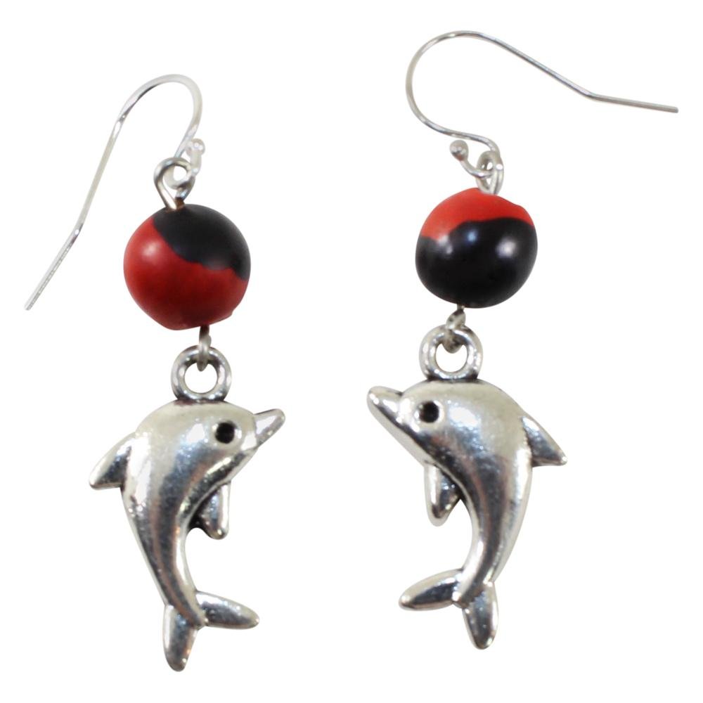 Symbol of Peace Dolphin Dangle Silver Earrings w/Meaningful Good Luck Huayruro Seeds - EvelynBrooksDesigns