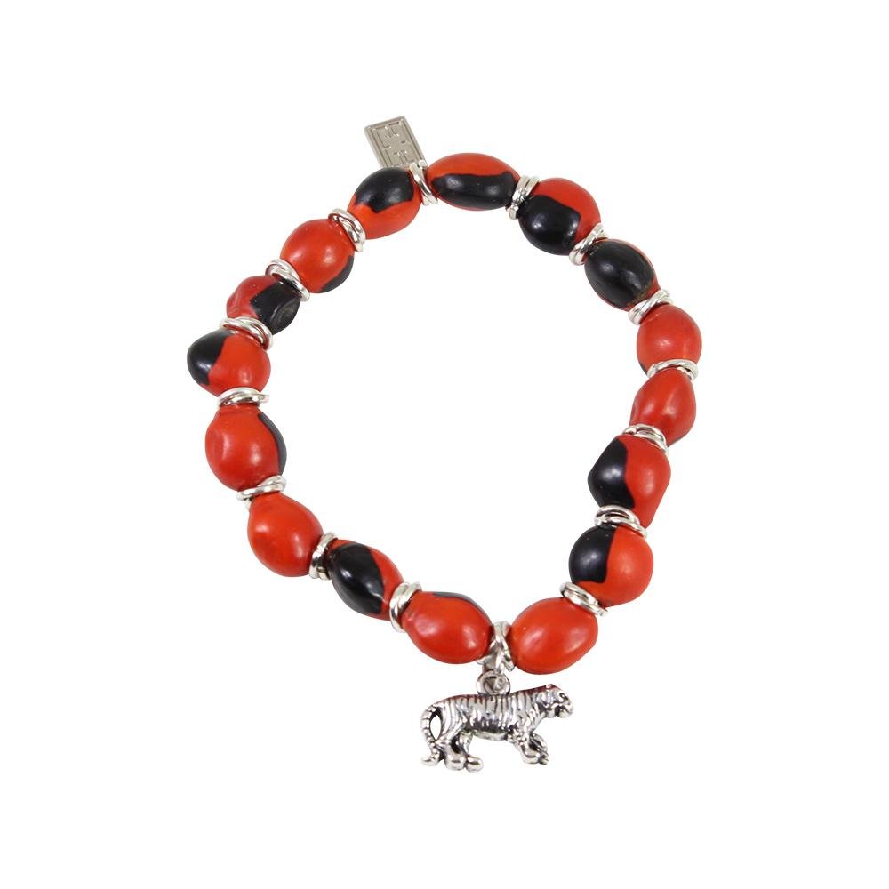 Tiger/Puma Charm Stretchy Bracelet w/Meaningful Good Luck, Prosperity, Love Huayruro Seeds - EvelynBrooksDesigns