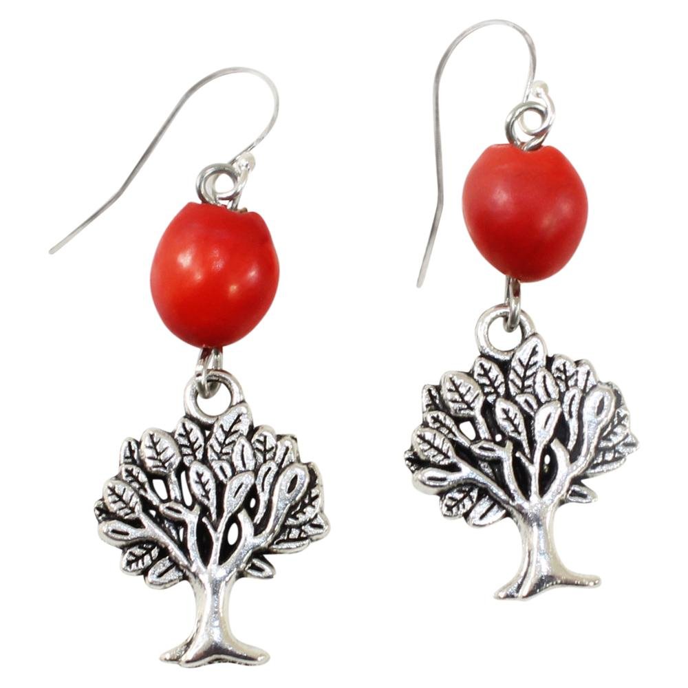Tree of Life Dangle Silver Earrings w/Meaningful Good Luck Huayruro Seeds - EvelynBrooksDesigns