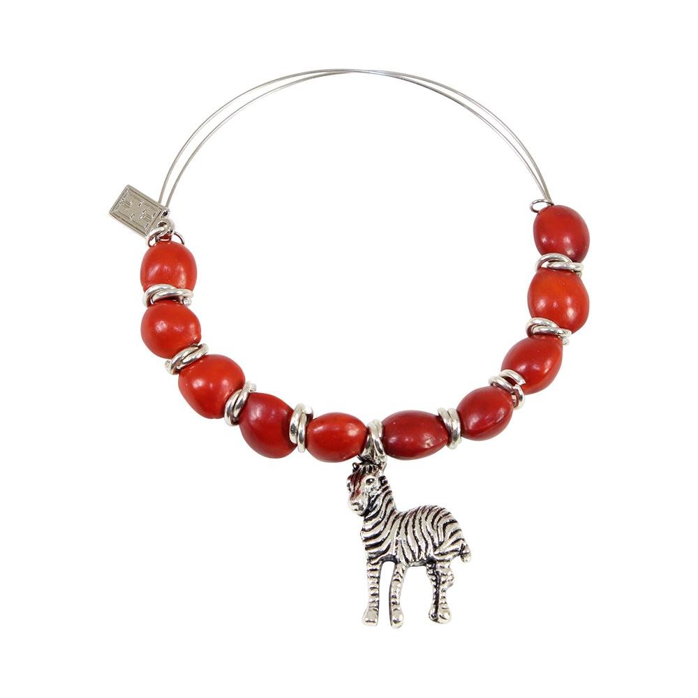 Zebra Charm Adjustable Bangle Bracelet for Women w/ Huayruro Red Seed Beads - EvelynBrooksDesigns