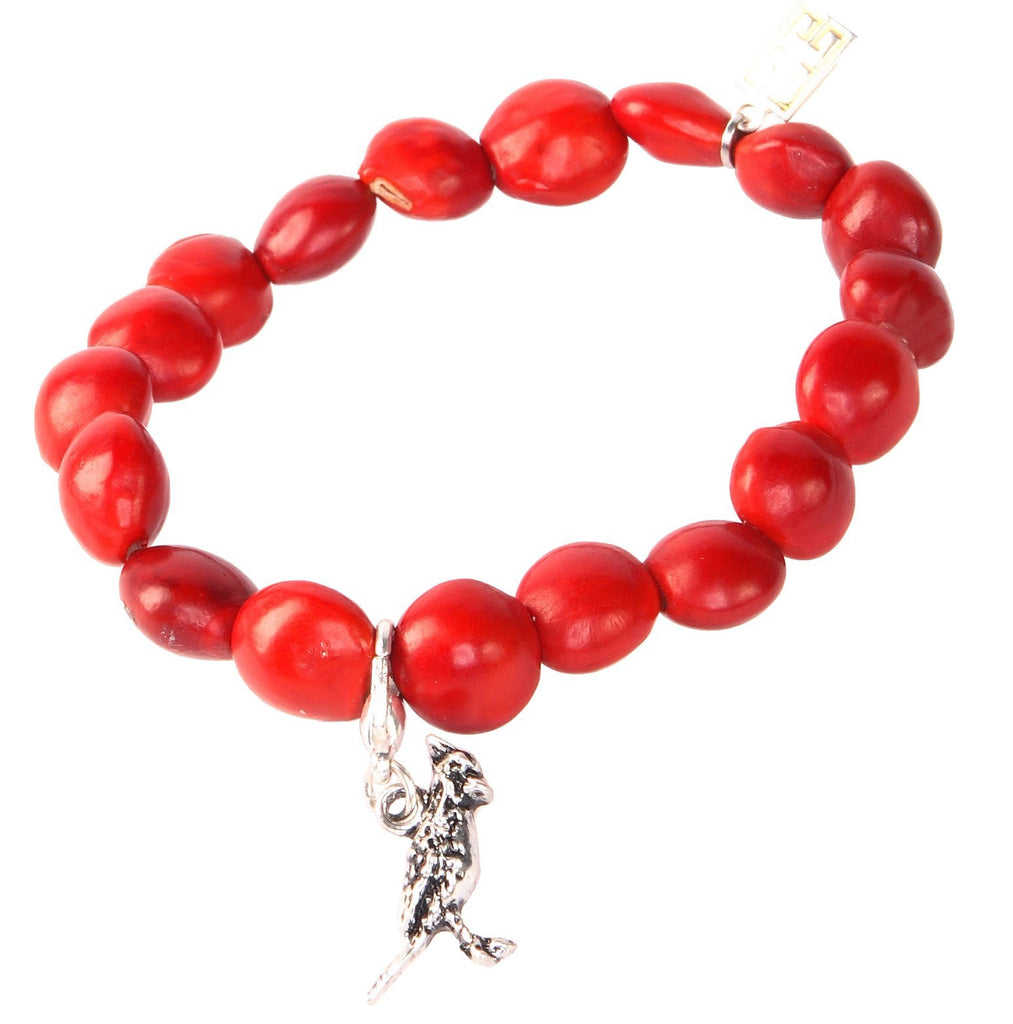 Cardinal Charm Stretchy Bracelet w/Meaningful Good Luck, Prosperity, Love Huayruro Seeds - EvelynBrooksDesigns