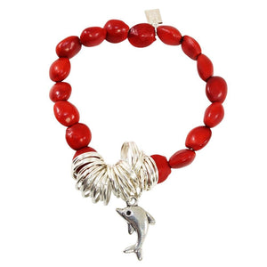 Dolphin Charm Stretchy Bracelet w/Meaningful Good Luck, Prosperity, Love Huayruro Seeds - EvelynBrooksDesigns