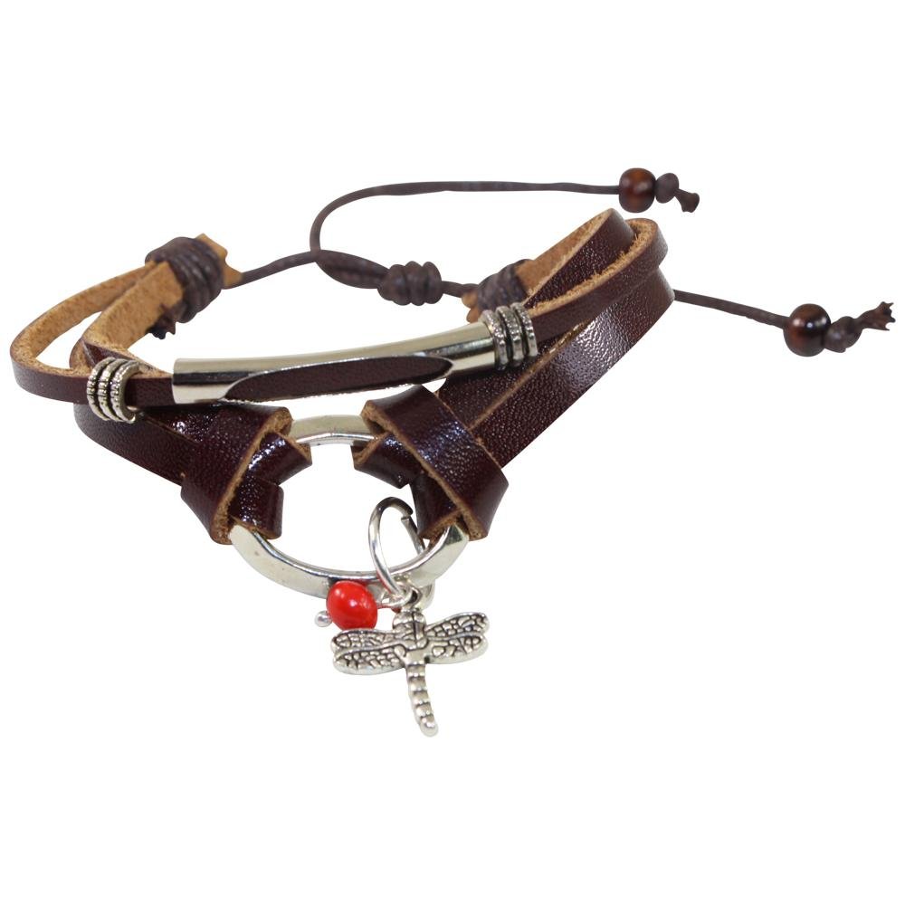 Dragonfly Charm Adjustable Leather Bracelet for Women w/Huayruro Seed - EvelynBrooksDesigns