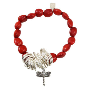 Dragonfly Charm Stretchy Bracelet w/Meaningful Good Luck, Prosperity, Love Huayruro Seeds - EvelynBrooksDesigns