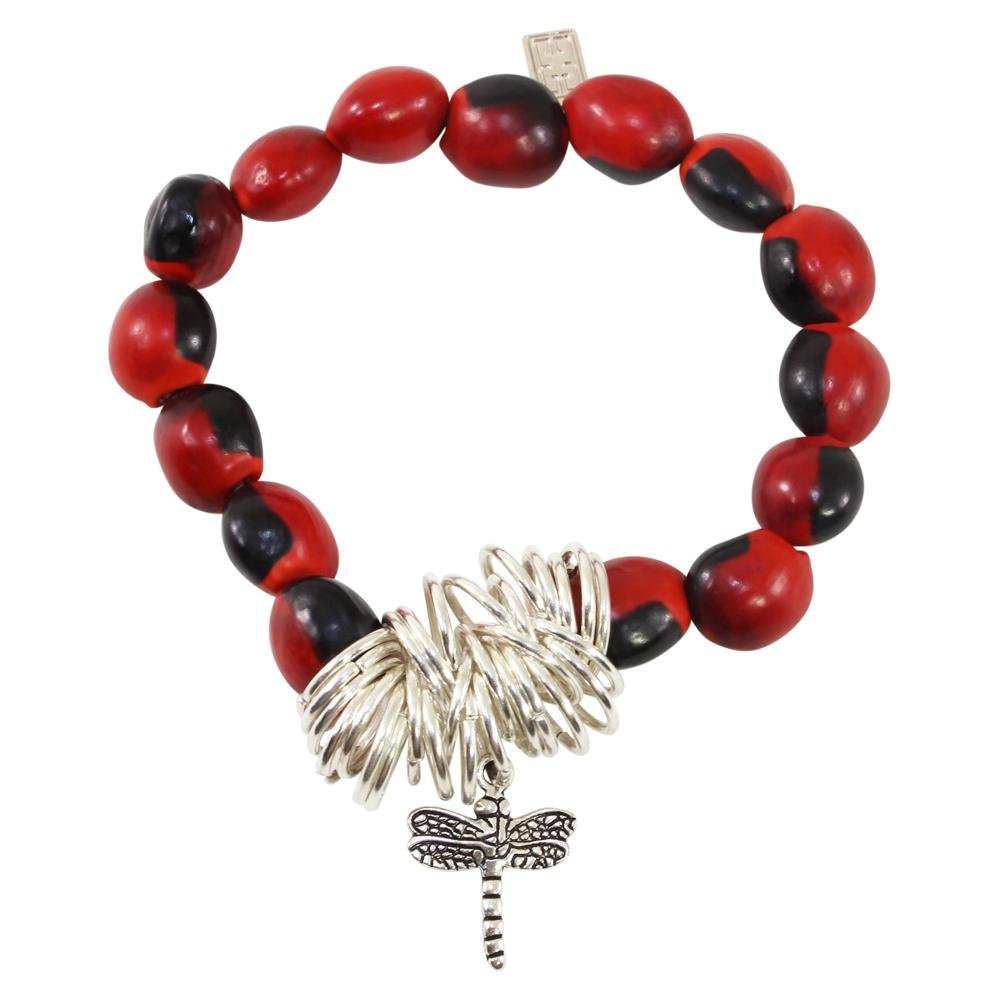Dragonfly Charm Stretchy Bracelet w/Meaningful Good Luck, Prosperity, Love Huayruro Seeds - EvelynBrooksDesigns