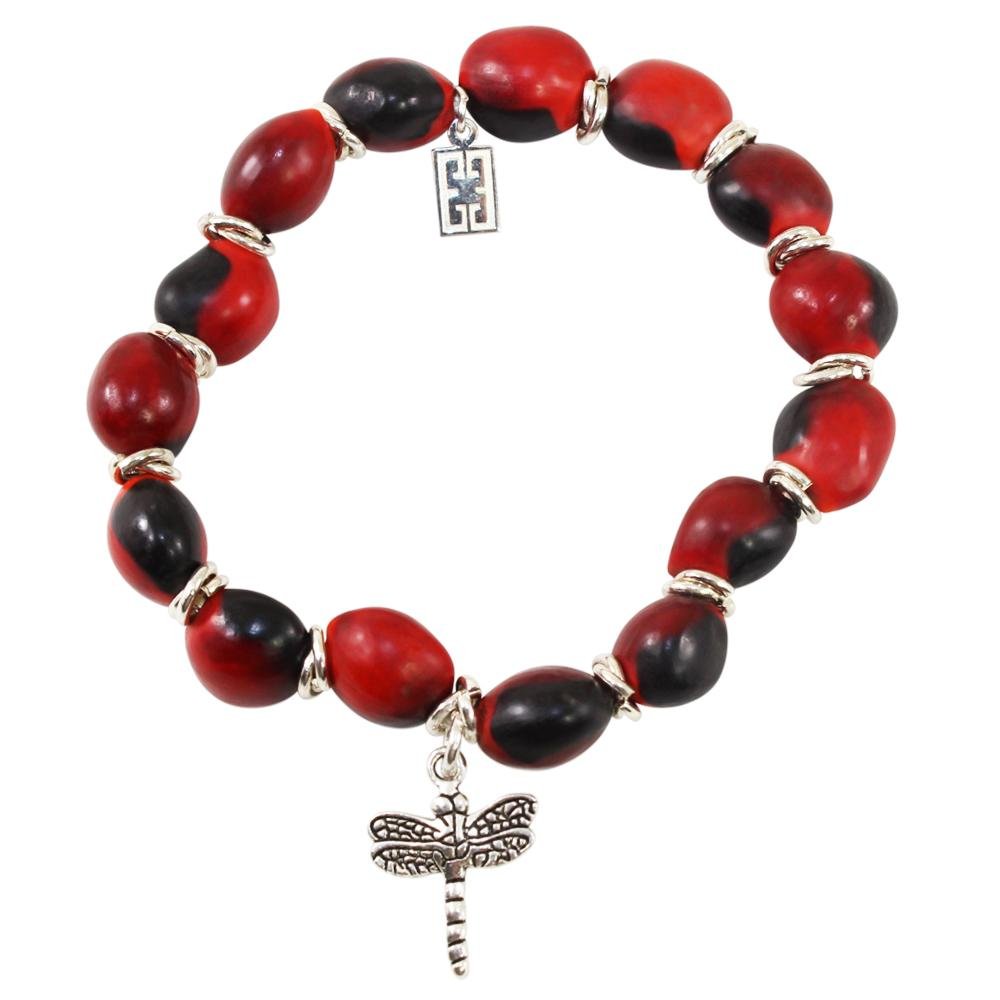 Dragonfly Charm Stretchy Bracelet w/Meaningful Good Luck, Prosperity, Love Huayruro Seeds - EvelynBrooksDesigns