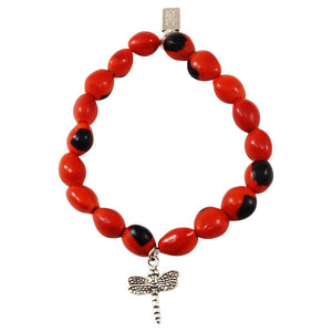 Dragonfly Dance Charm Stretchy Bracelet w/Meaningful Good Luck, Prosperity, Love Huayruro Seeds - EvelynBrooksDesigns