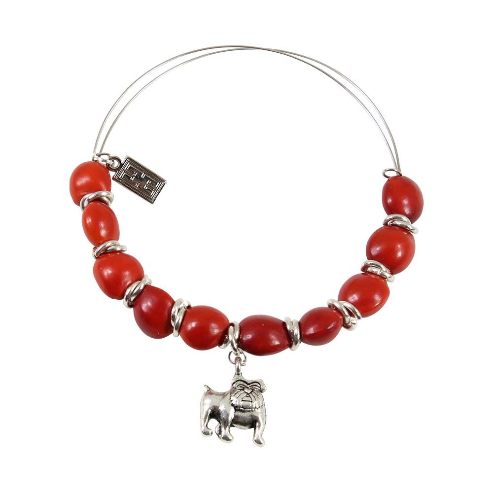 English Bulldog Charm Adjustable Bangle Bracelet w/Meaningful Good Luck Huayruro Seeds - EvelynBrooksDesigns