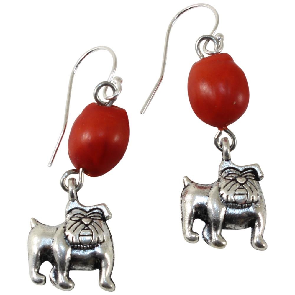 English Bulldog Dangle Silver Earrings w/Meaningful Good Luck Huayruro Seeds - EvelynBrooksDesigns