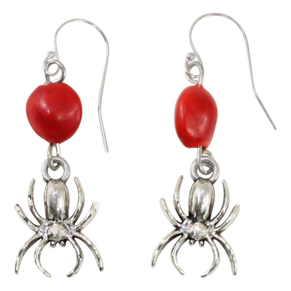 Fearless Spider Dangle Silver Earrings w/Meaningful Good Luck Huayruro Seeds - EvelynBrooksDesigns
