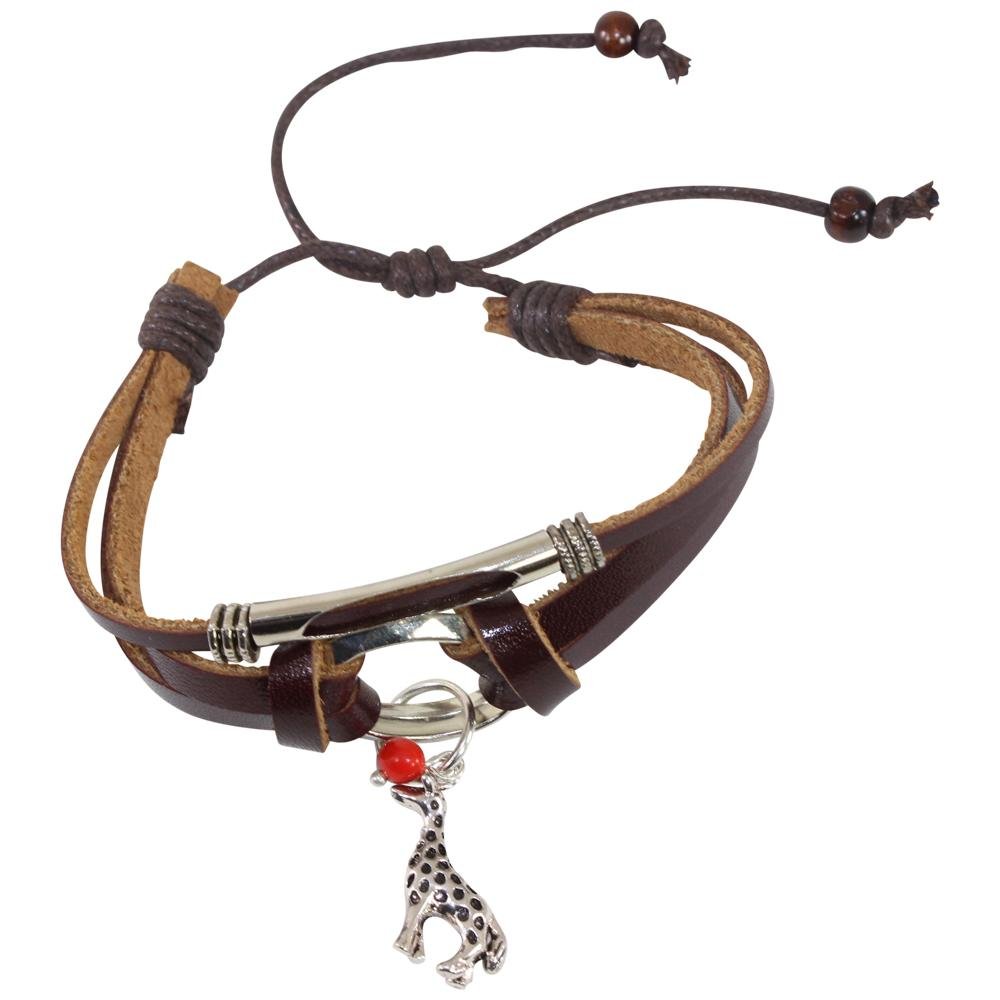 Giraffe Charm Adjustable Leather Bracelet for Women w/Huayruro Seed - EvelynBrooksDesigns