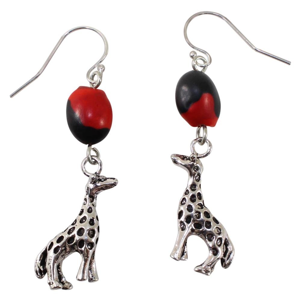 Giraffe Dangle Silver Earrings w/Meaningful Good Luck Huayruro Seeds - EvelynBrooksDesigns