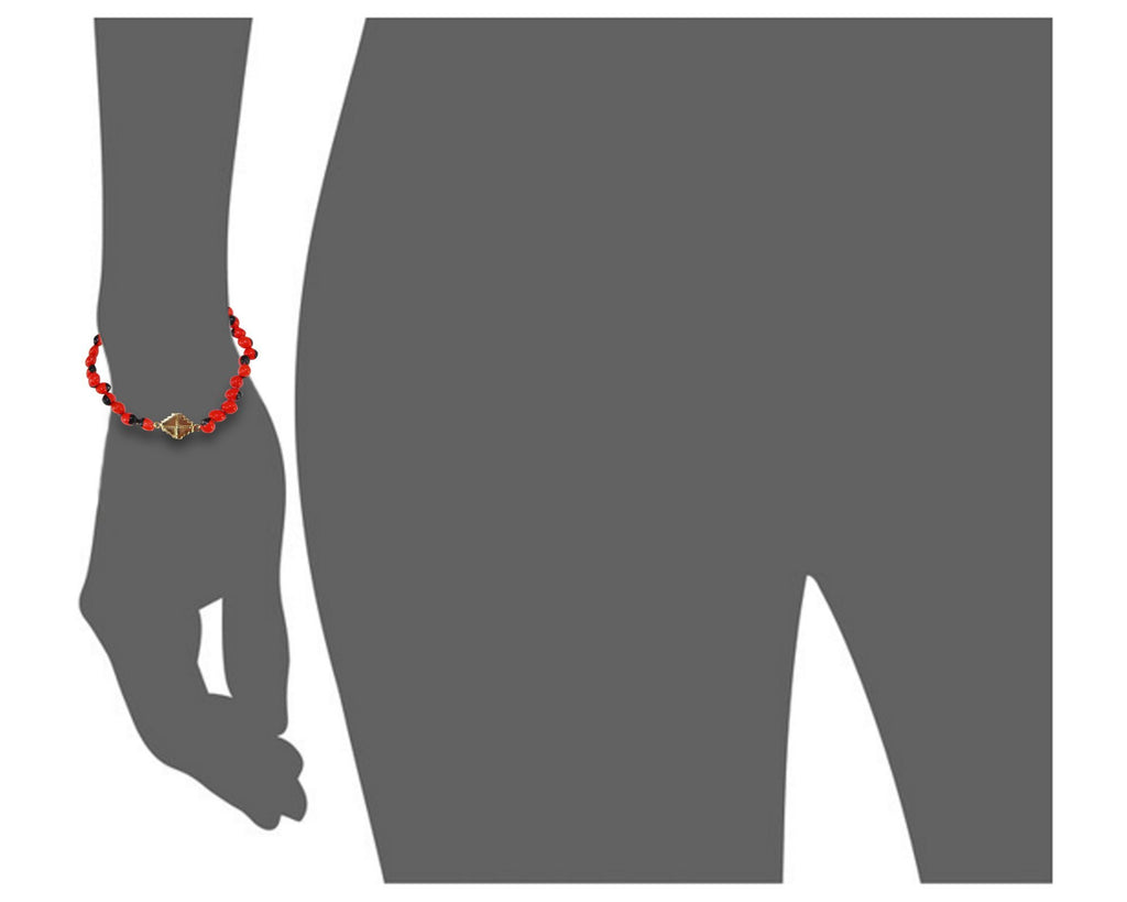Gold Filled 18kt Chakana Inka Cross Stretchy Bracelet w/Red & Black Seed Beads 6.5"-7.5" - EvelynBrooksDesigns
