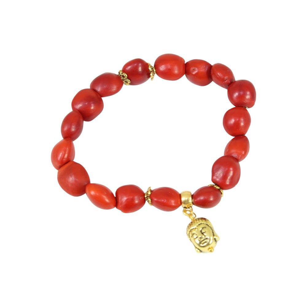 Gold Tone Elephant Charm Stretchy Bracelet w/Meaningful Good Luck Huayruro Seeds - EvelynBrooksDesigns