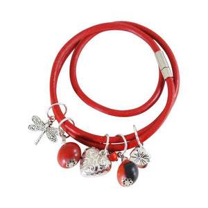 Good Luck Multi-Charm Leather Adjustable Bracelet/Necklace with Red & Black Seed Beads - EvelynBrooksDesigns